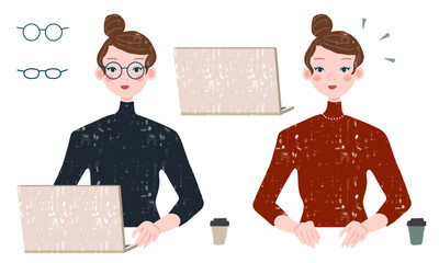 おしゃれなシニヨンヘアのパソコン操作する女性の素材セット（人物やパソコンのカラーの一部は、自作のパターンテクスチャ（ａｉデータにスウォッチ登録あり）を使用）