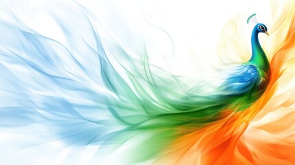 Abstract peacock in blue, green, and saffron colors symbolizing India’s Republic Day celebration. National bird artwork used for patriotic banners, holiday wallpaper, and cultural events