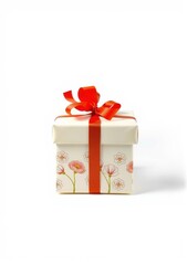 Obraz premium Floral gift box with red ribbon bow isolated on a white background.