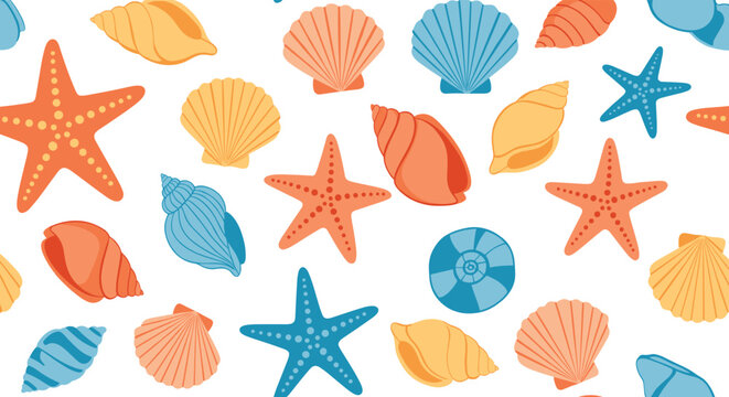 A vibrant seamless pattern featuring a charming collection of colorful seashells and starfish creating a delightful seaside theme.