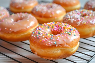 Freshly baked donuts with pink icing and colorful sprinkles cooling on a wire rack