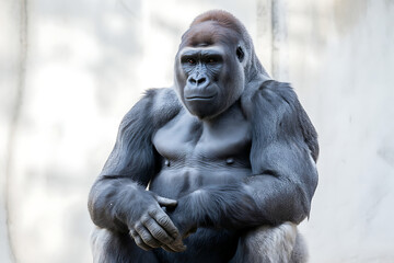 Fototapeta premium Gorilla sitting calmly in enclosure looking directly at camera