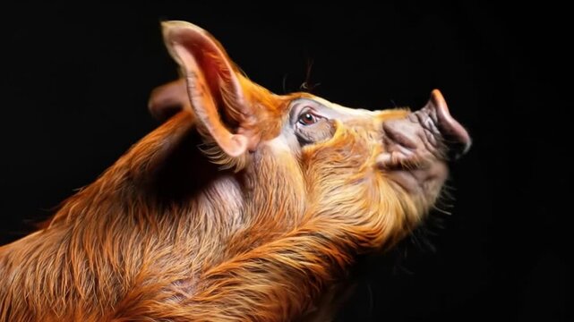 Dramatic Close-Up of a Wild Pig with a Dark Background Showing Its Unique Features and Personality