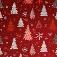 red Christmas background with snowflakes and christmas trees,seamless pattern of christmas trees and snowflakes on red background,Christmas wrapping paper, Xmas pattern with ornaments.