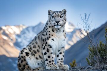 Obraz premium Snow Leopard Sitting on Rock with Mountain Background