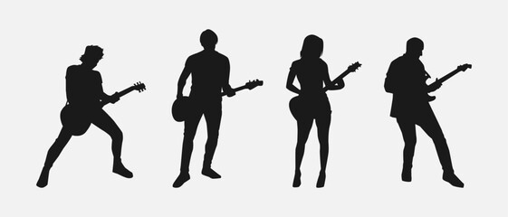 Silhouettes of bass and guitar players. Isolated vector illustration.