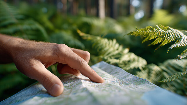 Close-up of a hand tracing a route on a detailed map surrounded by lush green ferns in a serene forest setting, illustrating navigation and exploration concepts