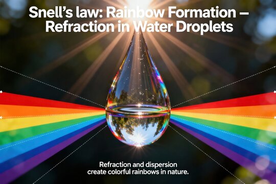Snell�s Law Illustration Showing Light Refraction and Dispersion in a Water Drop Creating Rainbow Colors