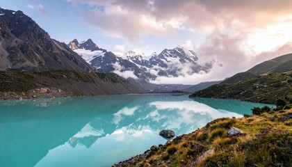 A scenic landscape featuring a turquoise lake reflecting the snow-capped mountains and clouds at sunrise. The image captures the beauty of nature.