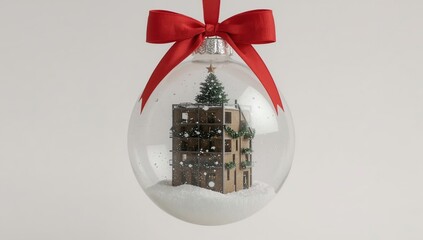 a modern apartment building in a glass christmas tree toy in the form of a glass christmas ball