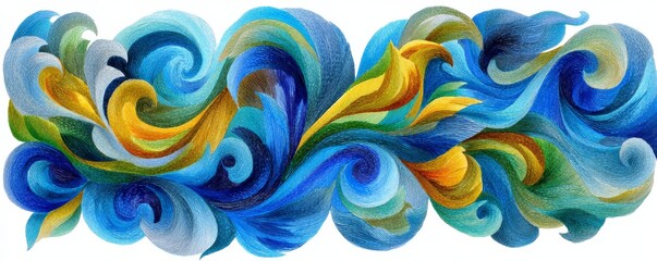 Abstract stained glass style with swirling patterns in shades of blue, yellow, and green, evoking a sense of movement and fluidity