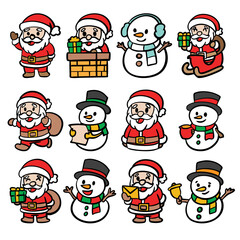 Cute Christmas Santa and Snowman Cartoon Icon Set