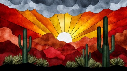 Stained glass art depicting a vibrant desert landscape with cacti, colorful rays of sunlight, and dramatic clouds
