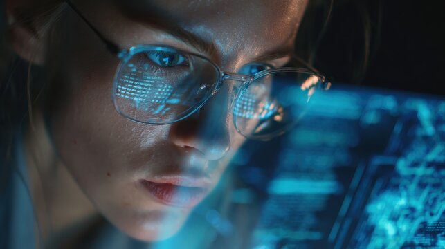 Software coding hologram and woman on tablet.