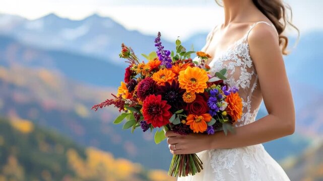 Bride in Wedding Dress with Bouquet of Flowers against Mountainous Landscape