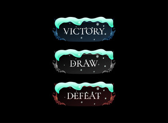 winter fantasy game ui banners victory draw defeat message panel snow themed interface label design frosty notification element pack for rpg mobile and pc games