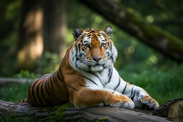 Tiger lying on a log in a green forest animal wildlife