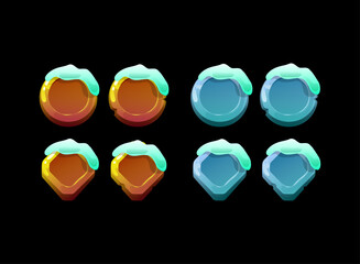 winter snow covered game ui icon frame set frosty button shapes round hexagon diamond blue orange fantasy rpg mobile game interface assets