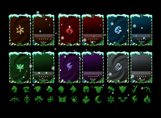 winter fantasy element card template set snow themed trading card design solar ignis aqua verdant surge cloud ui assets with icons rpg tcg ccg game interface pack