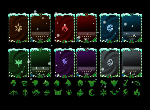 winter fantasy element card template set snow themed trading card design solar ignis aqua verdant surge cloud ui assets with icons rpg tcg ccg game interface pack