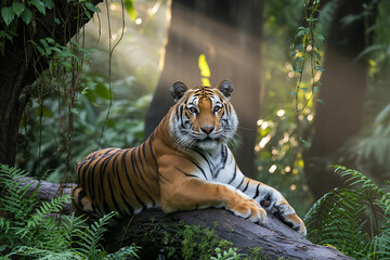 Tiger resting on a fallen log in a sunlit jungle animal