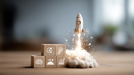 Rocket launching from wood cube with business icon, Start-up, Creativity, Big idea, Business goals management, Investment on new project to wealth, Company strategy target, Sustainable financial plan