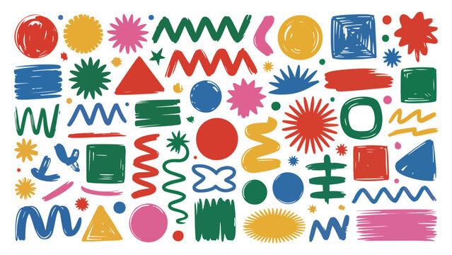 Collection of colorful abstract hand drawn doodle shapes, geometric element set with circles, squares, triangles, and wavy lines in vibrant primary and secondary colors, perfect for modern design