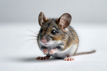 Tiny mouse with big ears and detailed fur on white background