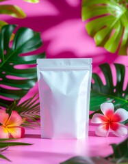 White Pouch Mockup with Tropical Flowers and Leaves on Pink Background
