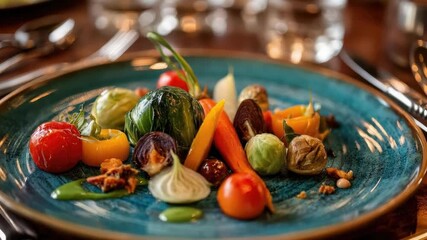Colorful plate of roasted vegetables: Brussels sprouts, cherry tomatoes, carrots, onions, peppers, and greens on a blue dinner plate. - Powered by Adobe