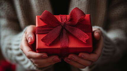 Giving gifts during the celebrating happy birthday. Woman hands holding a gift box.