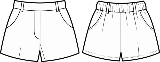 Men’s shorts fashion illustration, elastic waistband, structured design, technical sketch, cad drawing flat vector template