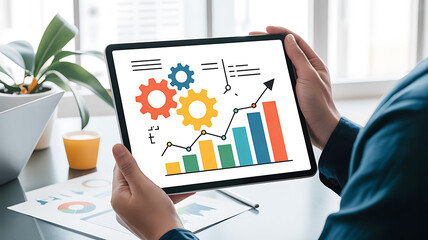 Analyzing business growth charts and graphs on digital tablet screen
