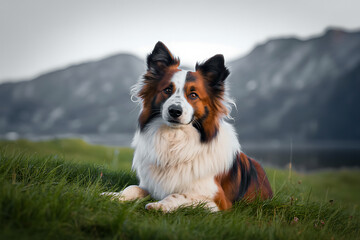 Tricolor Border Collie Dog Relaxing on Grassy Hillside