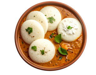 Top View Idli Sambar with Coconut Chutney, Idlis Drenched in Sambar, Isolated Transparent PNG