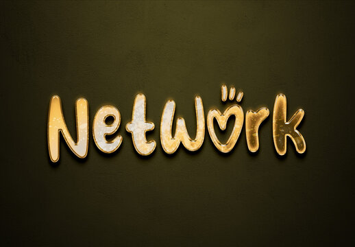 Old gold text effect of word Network with 3D glossy style Mockup.	