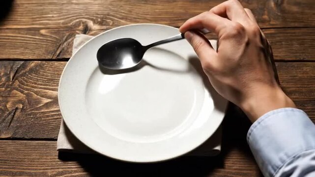 An empty white plate sits on a cloth atop a wooden surface with a hand holding a spoon above it