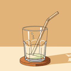 A simple vector illustration features an almost empty drinking glass with a clear straw, resting on a wooden coaster, against a warm, minimalist background.