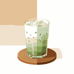 A refreshing iced matcha latte, beautifully layered with green tea and milk, served in a glass on a stylish wooden coaster, perfect for a tranquil moment.