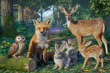 Woodland animals in a lush forest with flowers deer