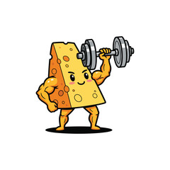 Cheese with muscles and dumbbell cartoon vector illustration design