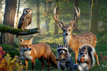 Woodland creatures in a sunlit forest scene deer squirrel