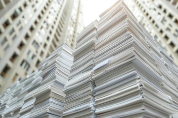 Large piles of paperwork stacked high, suggesting administrative overload or excessive bureaucracy in a residential context