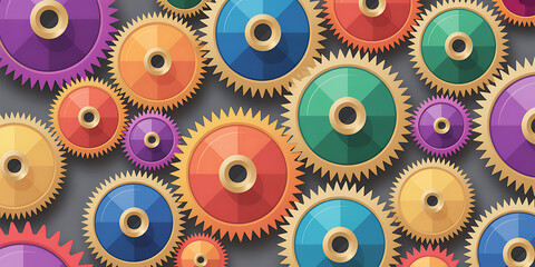 Colorful Gear System Illustration Representing Teamwork and Connection with Cogwheels