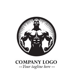 Fototapeta premium Man With Muscle Logo Symbol in Black on White Background for Strong Bold Fitness Branding Design Art