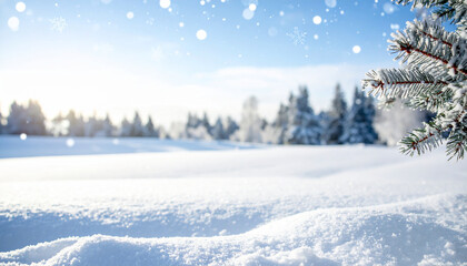 Paisaje de invierno con cielo azul, nieve y abetos nevados, concepto de frio invernal y bajada de temperaturas o navidad, con espacio para texto y publicidad