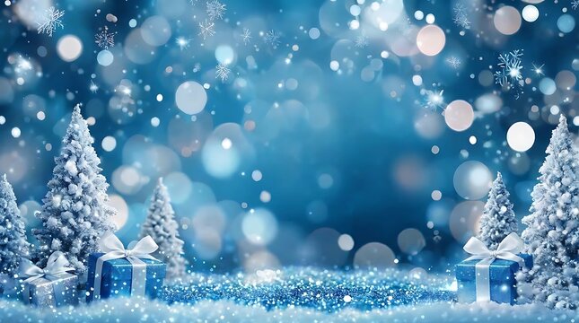 Snow-covered Christmas trees with gift boxes in a sparkling blue winter landscape