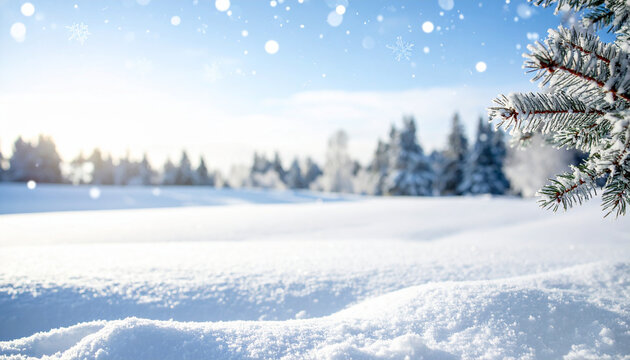 Paisaje de invierno con cielo azul, nieve y abetos nevados, concepto de frio invernal y bajada de temperaturas o navidad, con espacio para texto y publicidad