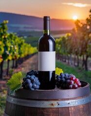 Wine Bottle with Grapes on Barrel at Vineyard Sunset