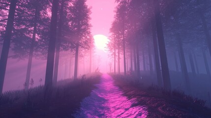 Obraz premium Mystical Forest Path - A Dreamy Journey Through Pink Hues and Fog.
